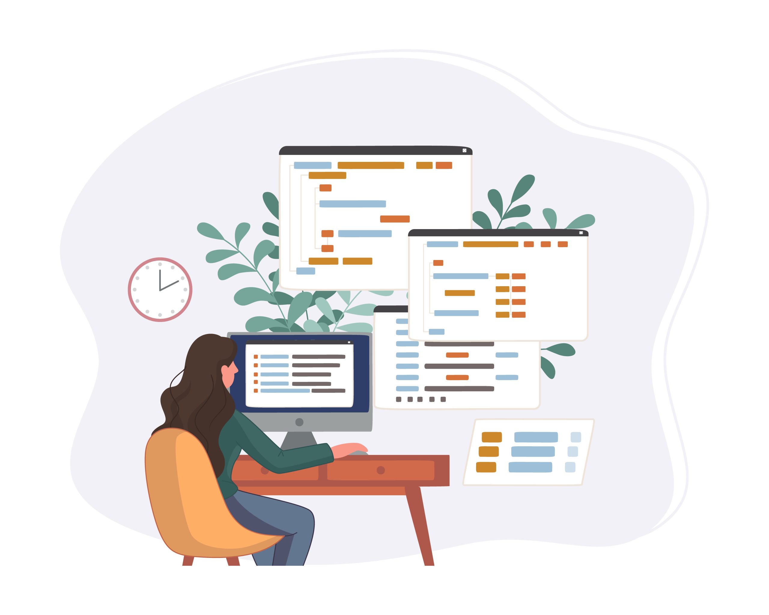 programmer working on web development code. engineer programming in python, php and java script on computer. vector illustration professional software developers concept